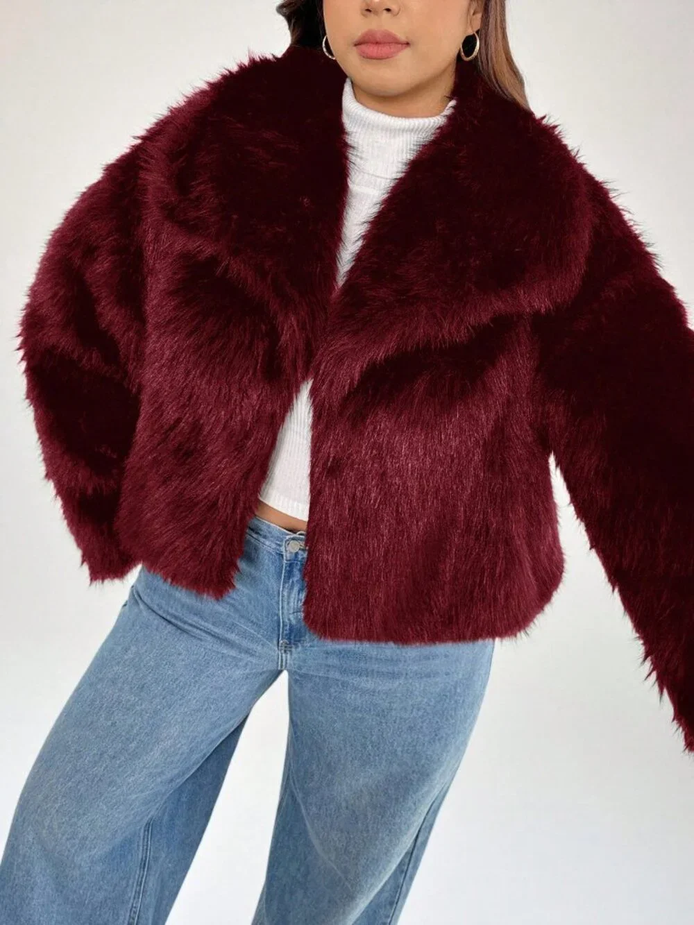 Burgundy Elegant Women's Plus Size Collar Loose Long Sleeve Furry Coat